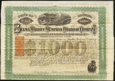 Certificate with black, green, orange and gold ink shows intricate bordering, lettering, a company seal, signatures, and vignettes of a train