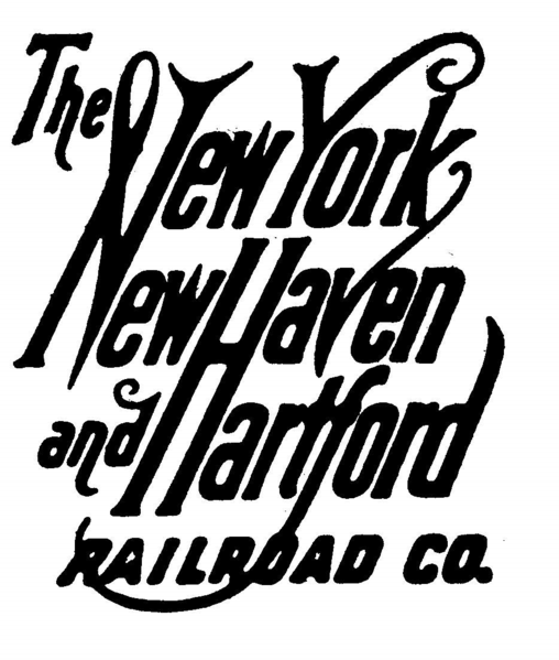 Black and white logo with intricate script that reads New York, New Haven and Hartford Railroad Co.