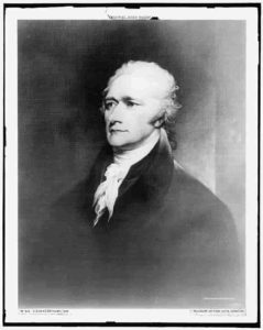 Black and white illustrated portrait of Alexander Hamilton, three-quarter view.
