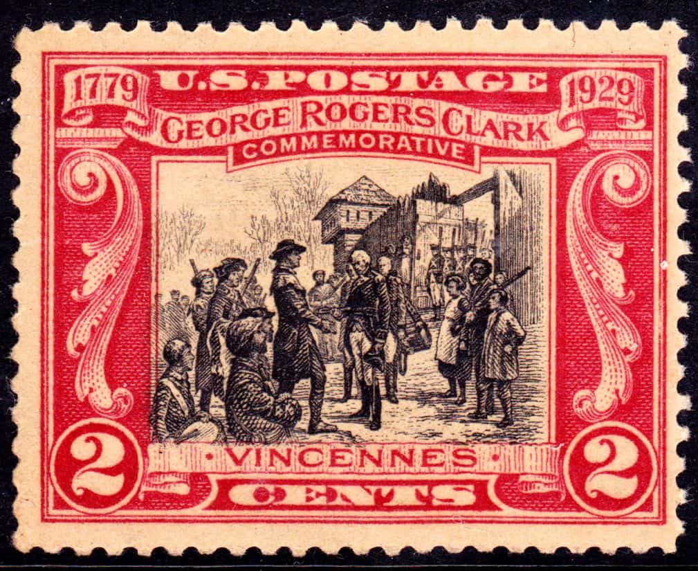 Red and white 2-cent postage stamp depicting British forces surrendering to Clark at Fort Sackville.