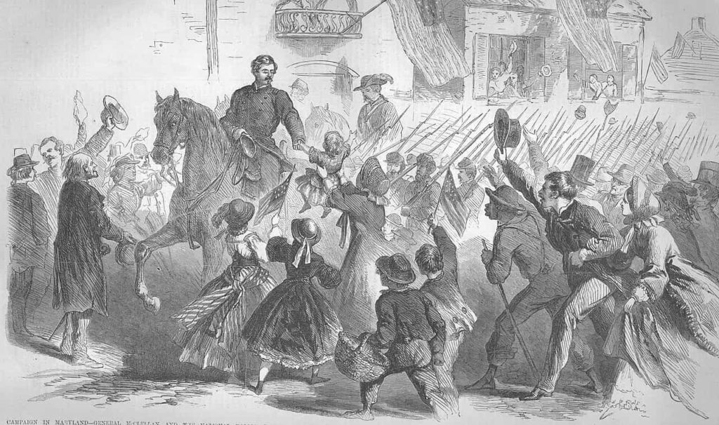 A sketch drawing of General McClellan is cheered on by people as he rides through the streets on his way to battle.