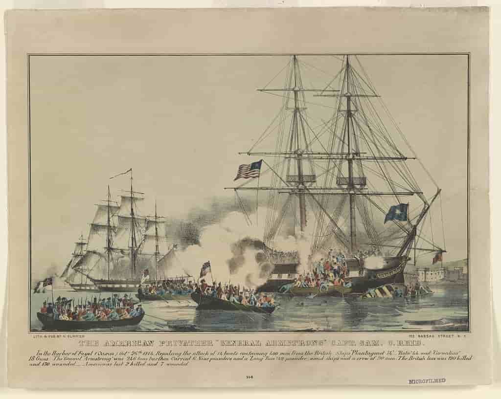 An illustrated scene of several brigantine ships and dory boats, with the American firing on the attacking British