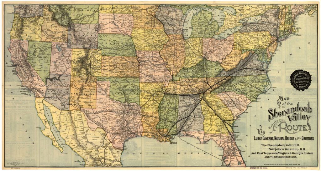 A color map of railroad routes in the U.S., detail of the southeastern U.S.