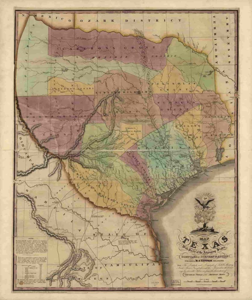 This 1837 colorful map of Texas shows parts of the adjoining states