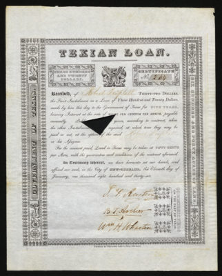This black and white ornately bordered certificate shows fish, an anchor, a shell, two flags, and tridents; there is a triangular hole in the center