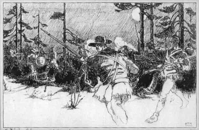 Black and white print sketch of John C. Frémont getting attacked by Native Americans