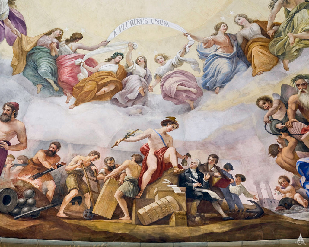 Mercury, god of commerce, hands a bag of gold to Robert Morris. Men move a box on a dolly, an anchor and sailors lead into the next scene