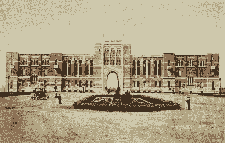 A hand-drawn image of the 1913 Rice University Administration Building— a red building with a garden courtyard in front. 