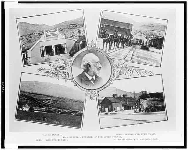 Black and white photo collage with images of Sutro, his tunnel, mule train, the town of Sutro, and the machine shop