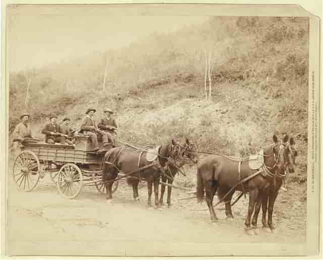 Black and white photograph of five men with rifles in a horse-drawn cart.