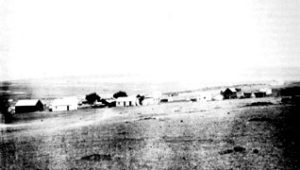 A black and white photo of the Witwatersrand farm where gold was first discovered, taken from a distant field.